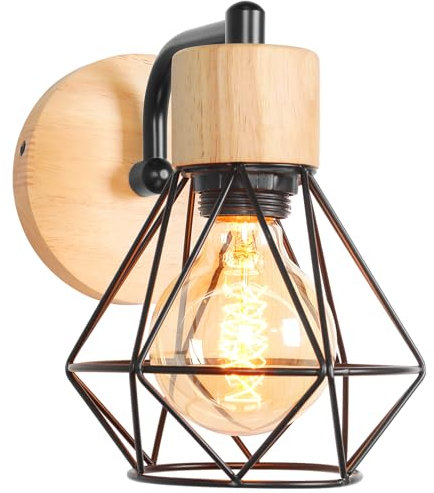 TOKIUS Wandleuchte Innen aus Holz und Eisen 16CM Wandlampe im Industrial Design E27 Vintage Lampe mit Käfig Lampenschirm Retro Wandleuchten für Flur Wohnzimmer Schlafzimmer Küche (Schwarz)