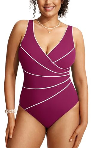 DELIMIRA Donna Costume da Bagno Scollatura a V Coppe con Imbottite Strisce Magenta Viola 54