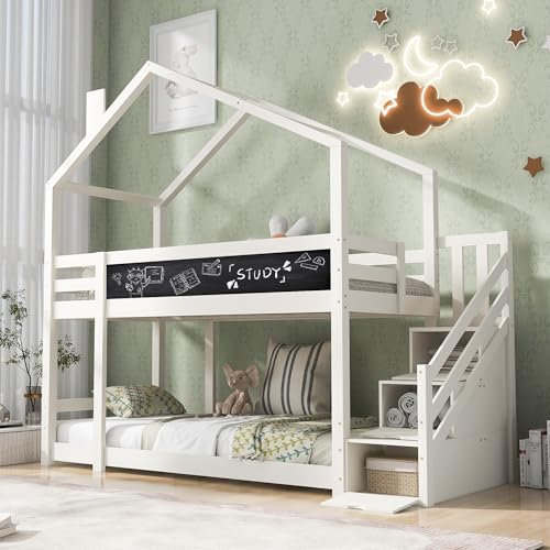 MYBOO Kinderbett Baumhaus mit Schornstein & Speicherung, Etagenbett 90 x 200 cm mit Rausfallschutz, Hochbett für Kinder inkl.Tafel– 2X Lattenrost- Weiß (ohne Matratze)