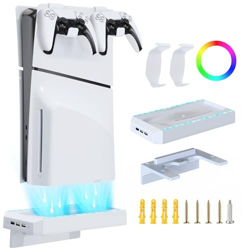 Lamtoq Wandhalterung für PS5 Slim, PS5 Slim Ständer mit 8 Arten von RGB-Lichtern, Wandhalterung Set für Playstation 5 Slim mit 3 USB-Schnittstellen und 2 Controller-Halter (Disc/Digital Edition)