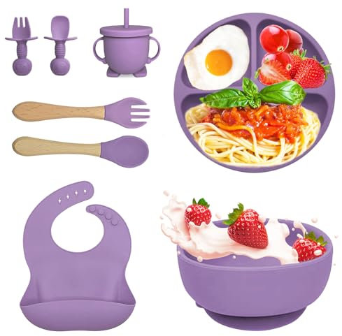 Bizcasa Vajilla Bebe Silicona, 8 Piezas Vajilla de Silicona para Bebés Antideslizante, Con Plato Cuenco Babero Taza, Vajilla de aprendizaje para comer destete, Sin BPA (Púrpura)