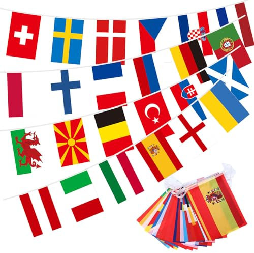 24 Länder Fahnen Wimpelkette EM 2024 Deko 8m Flaggen der Welt Wimpelkette Stoff 2024 Fanartikel für Fußball EM 2024 Deko Olympische Dekoration Bar Party Flaggenkette (14 * 21cm)