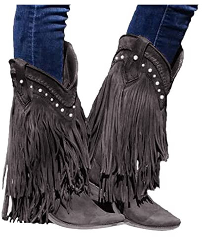 Stivali da cowboy alti al ginocchio stile retrò da donna Tacco grosso Scarpe in pelle scamosciata con frange e borchie Stivali classici Calzature con nappe Regali di San Valentino (Rosso 4.5 UK) (Ne