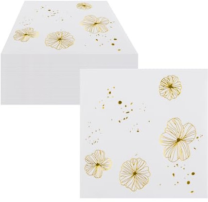 100PCS Gold Foil Napkins, CEILIWEN White Floral Paper Serviettes, Cocktail Serviettes, Disposable Gold Paper Napkins for Wedding or Party, 33x33cm
