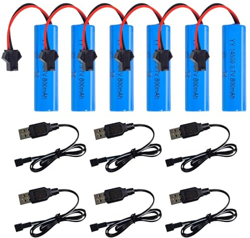 DAJASD 800mAh 3.7V Litio RC Batería, 6 Piezas 14500 Batería de Carreras de baterías Recargable con Cargador USB, bateria 3.7v para Coches, Barcos, Tanques con Control Remoto, Robots