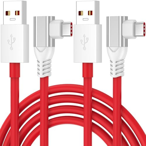 Jelanry Right Angle 2-Pcs 6FT USB A to C Cable for OnePlus 80W 67W 65W for SUPERVOOC, USB Type C Cable Dash Charging Cable Rapid Data Syncing Fast Charger for OnePlus Open 13 12 11 10 8 Pro 7 6 5T Red
