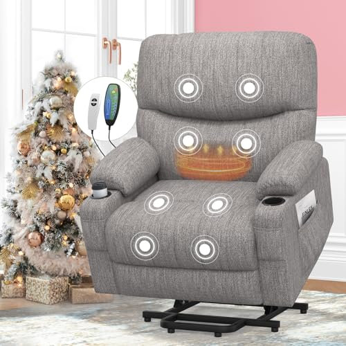 SQUEBILIFE Recliner Armchair Electric Recliner Chair with Massage & Heat, Extended Footrest, Oversized Riser Reclining Chairs Lift Chair Lounge Sofa with Type C+USB Dual Drink Holders Side Pockets