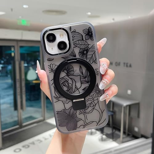 XIZYO Rose Case for iPhone 14 Plus with Magnetic Ring Stand,Matte Black | Compatible with MagSafe, Cute Aesthetic Rose Flower Floral Pattern, Clear Transparent Cover, Kickstand Function,Girly Design