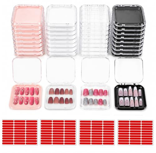 Jucoan 30 Pack Press on Nail Boxes, 7 x 7 cm Acrylic False Nail Art Tips Storage Box Clear Nails Package Box, Nail Organizer Display Case Container with Adhesive Nails Tapes