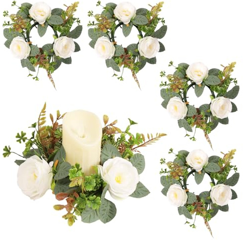 LEMCC 4 Stück Weiße Rosenkerzenringe, Künstliche Blumenkränze mit Grünen Blättern, Blumenkerzenringe, Kerzenhalter, Girlande für Stumpenkerzenhalter, Hochzeitsdekoration, Tischdekoration