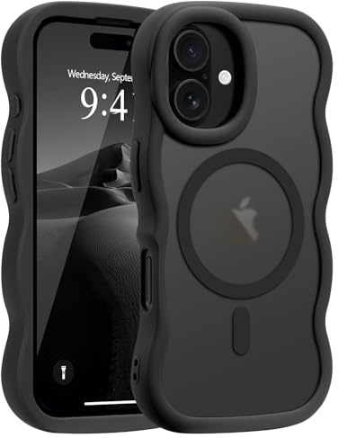 Pepmune Magnetic for iPhone 16 Case Translucent Matte Black | Compatible with Magsafe,Cute Curly Wave Frame Phone Case,Soft TPU Bumper Slim Fit Shockproof Protective Cover for Men-Black