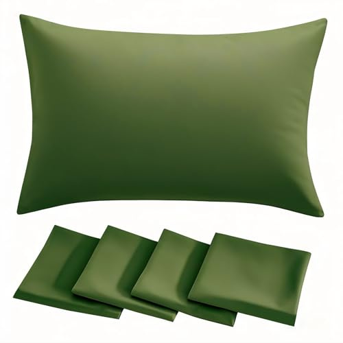 RUIKASI Green Pillow Cases 4 Pack - Olive Green Plain Pillowcases with Envelope Closure Breathable Premium Brushed Microfiber Set of 4 Pillow Covers Standard 50x75 cm