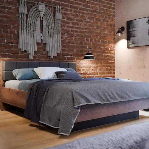 Forte Bellevue Bett 160, Modernes Bett mit Lattenrost und Stauraum, Holzwerkstoff, Schlammeiche/Schwarzeiche Dekor, 160 cm breit, 91,7 cm hoch, 200 cm tief