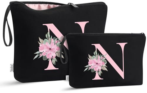 Vavabox Trousse de Toilette personnalisée A à Z, Tissu Premium & Fermeture éclair Robuste, Cadeau Parfait Femme, idée Cadeau Fille Unique, Cadeau Unique pour mariée ou Demoiselle (N, Noir 2 Pièces)