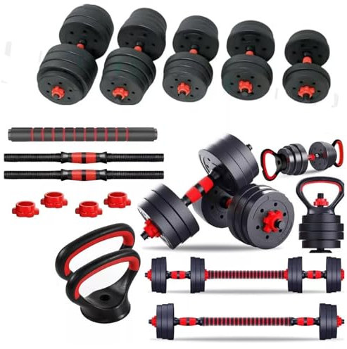 6 in 1 Dumbbell Adjustable Weight Lifting Barbell Bar Kettlebell Weights Set | Bodybuilding Barbell Bench Press Exercise Fitness Training Home Gym Workout Dumbbells Set (50, Kilograms)