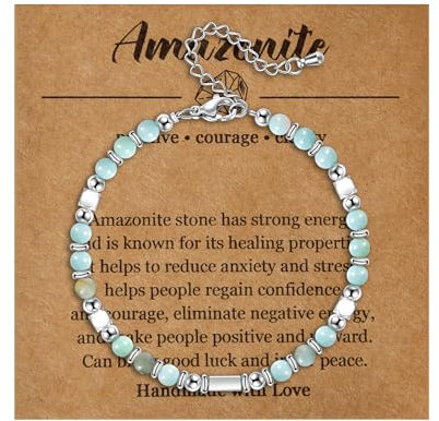 Candyfancy Naturstein Armband Damen Edelstein Armbänder für Frauen Natürliche Echte Steine Perlenarmband für Damen Verstellbare Länge 18+5cm Amazonit