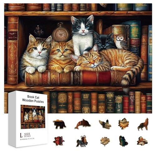 GLOBLELAND 300Pcs Book and Cat Wooden Jigsaw Puzzles for Adult 11.22x15.16inch Colorful Owl and Clock Wood Puzzles Holiday Birthday Gifts for Adults