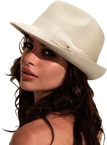 DRESHOW Damen Panama Hut Breiter Krempe Stroh Sommer Fedora Strohhut Panama Aufrollen Hut Strand Rollbar UV Sonnenhut UPF 50 +
