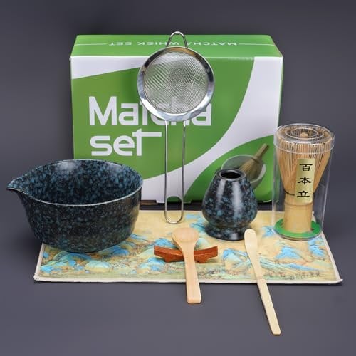 HMAZAE Matcha Whisk Set, 8pcs Matcha Set Ceremonial Grade Matcha Kit Includes Bowl with Spout/Whisk Holder/Bamboo Whisk/Bamboo Scoop/Spoon/Sifter, Gift for Macha Lovers to Enjoy Making Tea