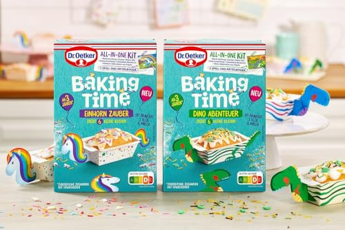 Dr. Oetker Baking Time 4er Probier-Set, 2 x Einhorn Zauber, 2 x Dino Abenteuer (4 x 300 g), ab 3 Jahren, jeweils 6 kleine Kuchen, Backmischung inkl. Spiel- und Rätselbogen