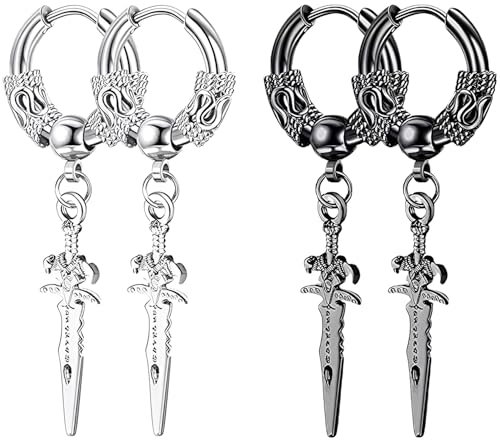 Liitata 2 Paar Gothic Schwert Ohrringe Edelstahl Dolche Ohrringe Hip Hop Punk Rock Earrings für Männer Frauen - Silber und Schwarz