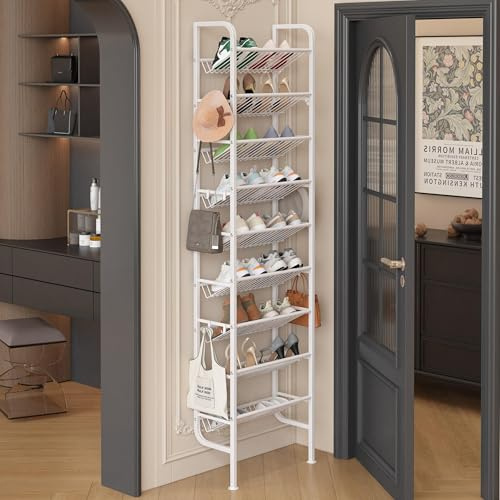 Ornestia Wall Mounted Shoe Rack,Metal Shoe Storage for Over Door,White | 9-Tier Tall Shoe Storage Cabinet for Hallway with Hooks,45.5x20x176cm