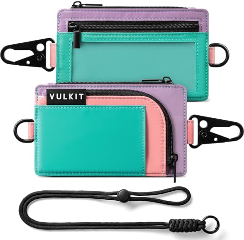 VULKIT Portefeuille porte-clés résistant à l'eau avec cordon pour hommes et femmes, pochette portefeuille d'extérieur à fermeture éclair avec fenêtre d'identification transparente, pour la randonnée