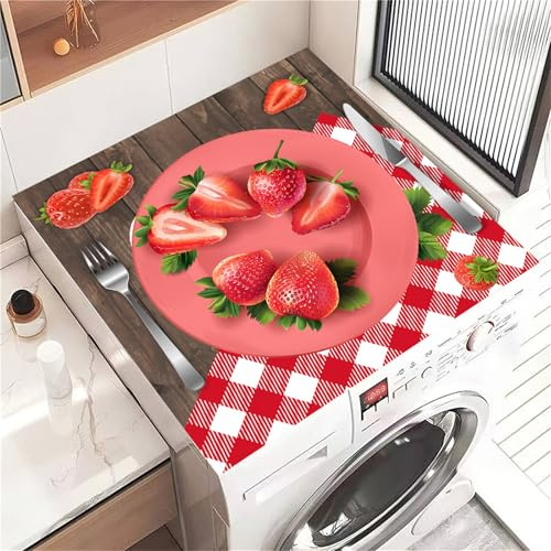 Odot Cubierta para Lavadora, Protector Superior Secadora, Alfombra para Lavadora, Antideslizante Secado Rápido Universal Cortable, para Microondas Refrigerador (Vajilla de fresas,30x40cm)