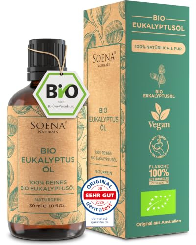 SOENA® EUKALYPTUSÖL [BIO-ZERTIFIZIERT] 100% NATURREIN- Zum Einnehmen, Aromatherapie, Inhalation & Sauna - Volles Aroma, Ätherisches Öl, Herkunft: Australien, Abgefüllt: Deutschland