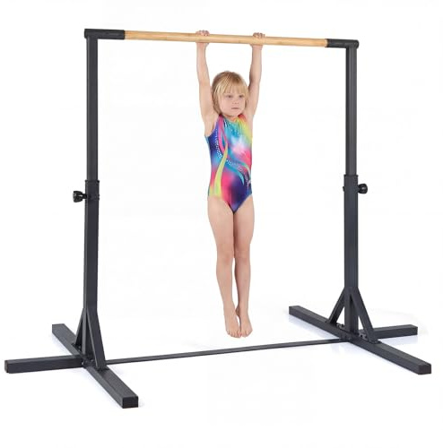 GYMAX Gymnastik Turnreck, höhenverstellbar 85-145 cm, Turnstange Gymnastikstange Kinder mit Metallrahmen & Bambusstange, Reckstange, Gymnastics Bar für Heimtraining