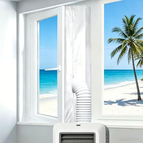 400CM Portable Air Conditioner Window Seal Kit,Anti-Mosquito Waterproof AC Vent Seal with Double Zip and Adhesive Closure,Universal for Mobile Aircon & Tumble Dryer,Hot Air Stop Guard,No Drill