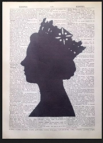Queen-Elizabeth-Kopfsilhouette, Wandbild mit englischem Aufdruck, Vintage-Wörterbuchseite