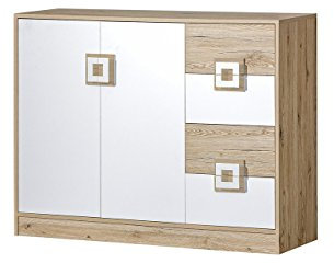 Mirjan24 Kommode Nicola NA08, Griffe Farbauswahl, 4 Schubladen, 2 Türen, Highboard, Sideboard, Mehrzweckschrank für Jugendzimmer (Eiche Hell/Weiß + Eiche Hell)