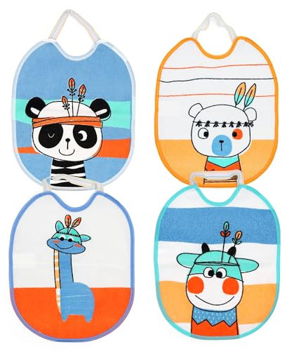 Ti TIN |4er-Pack- wasserdichte Babylätzchen, 23x28 cm | Lätzchen mit elastischem Verschluss für Babys von 6-18 Monaten Jahren, 73% Baumwolle-27% Polyester-Vinyl-Futter, verschiedene Tier-Motive/Farben