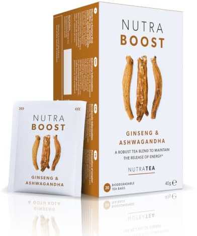 Nutra Tea NUTRABOOST, Ashwagandha Tee hilft körperliche und emotionale Ausdauer zu optimieren, wirkt Stressresistent und fördert Konzentration, 40 wiederverwendbare Teebeutel, Stressfrei Tee