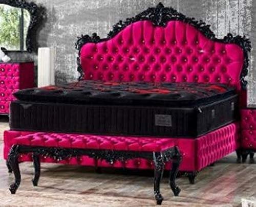 Casa Padrino Barock Doppelbett Pink/Schwarz - Prunkvolles Samt Bett mit Glitzersteinen und Matratze - Schlafzimmer Möbel im Barockstil