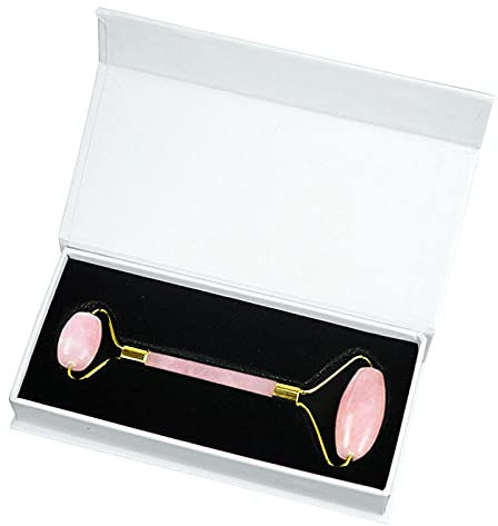 Rullo di giada al quarzo rosa per massaggio viso Massaggiatore naturale in pietra rosa rulli rosa massaggiatore-Rullo-pu con scatola