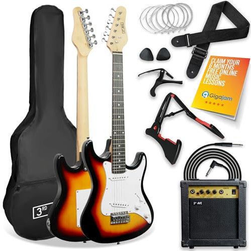 3rd Avenue XF 3/4 Size E-Gitarre Ultimate Kit Mit 10-W-Verstärker, Digitalem Stimmgerät, Kabel, Ständer, Gigbag, Gurt, Ersatzsaiten, Plektren, Kapodaster - Sunburst