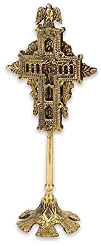 BlessedMart Byzantinisches Stehkreuz aus Messing - Tischaltar Segen Kruzifix Kirche Liturgisch Heimataltar Gebetsecke Höhe 21 cm