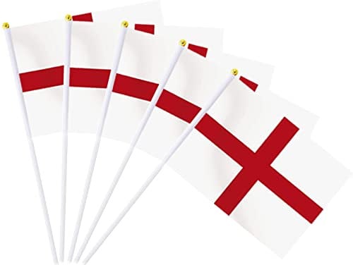 AhfuLife England Flags on Sticks for 2025 Women's Euro Football Decorations, 100pcs St. George Hand Held Small Flags with 30cm White Pole for St. George's Day Rugby Party Decor (14 x 21cm, 100 Pcs)