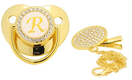 Goldener Baby-Schnuller, Personalisiertes Gebogenes Design, 26 Buchstaben, Sichere Materialien, Gesunder Bling-Baby-Schnuller, Neugeborenen-Essentials mit Clips für 6 Bis 18 Monate Baby(R)