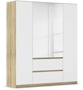 Rauch Möbel Mainz, Kleiderschrank, Farbe Weiß/Eiche Sonoma, Breite 181 cm | Schrank, Kinderkleiderschrank, 4-türig, mit Spiegel, Push-to-open, für Schlafzimmer, Kinderzimmer, Babyzimmer, Garderobe