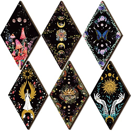 Qunclay 6 Pcs Boho Wall Decor Moon Sun Phases Wall Art Moon Gothic Wall Decor Witchy Boho Room Decor Farmhouse Moon Phase Wall Hanging for Home Halloween Christmas Decoration (Classic Style)