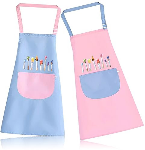 FORYNXHWIN Malschürze Kinder, 2 Stück Kinder Schürzen Set mit Taschen, Wasserdicht Verstellbare Kleinkind Kochschürze Für Jungen Mädchen, Basteln Malen Backen Kochen, Pink und Blau(6-12 Jahre)