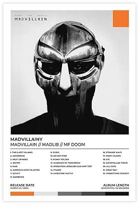 MF DOOM Poster Madvillainy Madlib Album Cover Poster Leinwand Poster Schlafzimmer Dekor Sport Landschaft Büro Zimmer Dekor Geschenk 30 x 45 cm