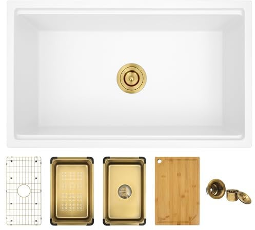 MONSINTA 31 Inch Kitchen Sink, 31 x 18 x 9 Single Bowl Undermount White Kitchen Sink With Workstation, 31 x 18 Deep and Large Granite Composite Quartz Kitchens Sinks With Gold Accessories