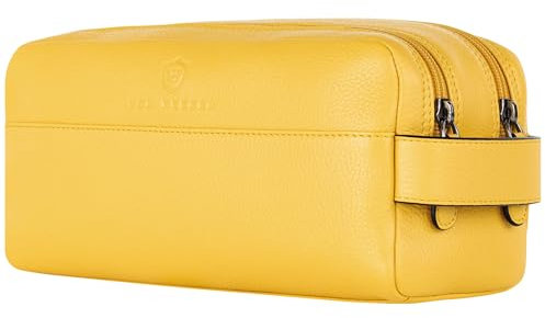 VON HEESEN Kulturbeutel Leder Kulturtasche für Herren & Damen - Echtleder Necessaire ideal zum Reisen - Waschtasche und Kosmetiktasche mit Zwei Hauptfächern gelb, groß