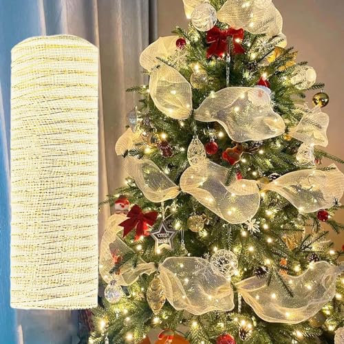 Wired Mesh Ribbon - Metallic Glitter Sheer Christmas Ribbon for Crafts, Garland Wreaths, Tree Topper Bow, Gift Wrapping, Tree Decoration (Champagne Gold)