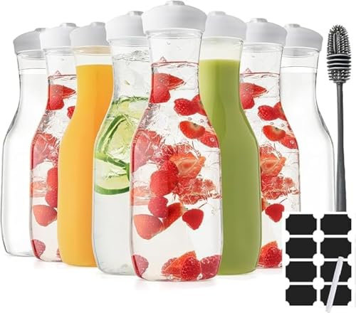 Lot de 8 carafes à eau avec couvercle, 1,4 l - Pichet en plastique pour boissons, lait, mimosa, thé glacé, jus de fruits avec couvercles pour réfrigérateur, sans BPA, ne passe pas au lave-vaisselle