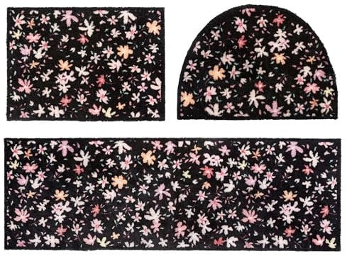 Astra Flauschige Sauberlaufmatte - Pure & Soft - Blümchen 3er Set: 50x70 eckig & halbrund und 50x150 cm - Waschbarer Küchenteppich innen - Türmatte weich